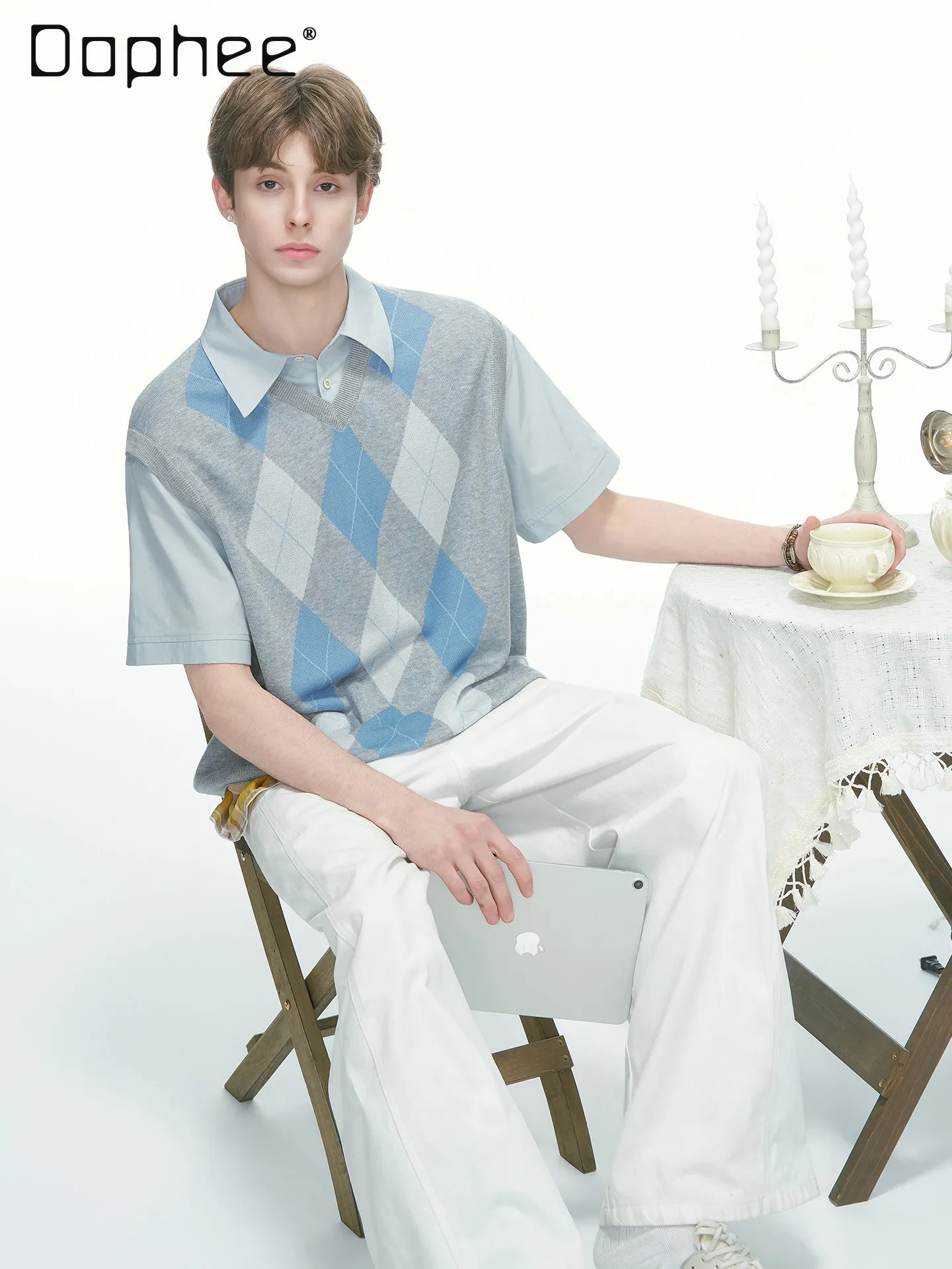 Summer Korean College Style Men Argyle Knit Fake Two-Piece Short Sleeve Shirt Light Blue Gray Spliced Loose Lapel Casual Blouse