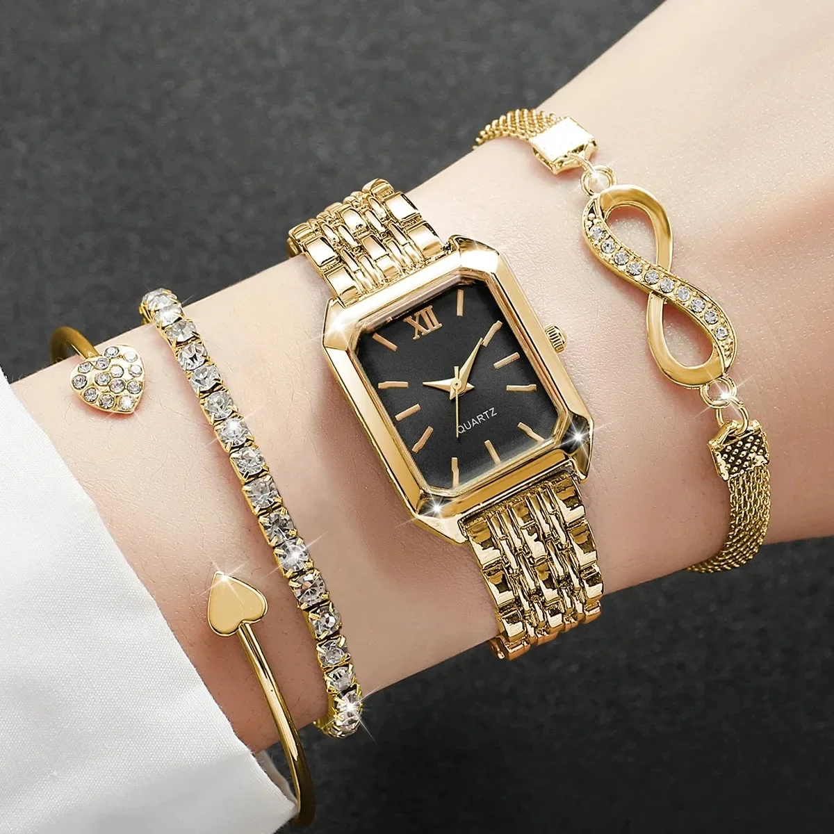 Women Gold Square Roman Dial Quartz Watch + Heart Bangle Tennis & Infinity Crystal Bracelet 3Pcs Set