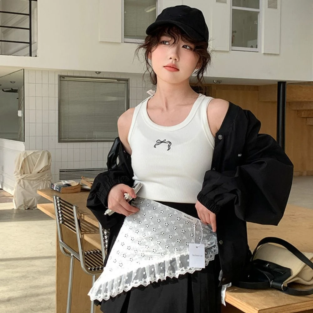 Rok Mini Renda Manis Modis Rok Kasa Bunga Gaya Korea Rok Tepi Ruffle Bertali Pinggang Tinggi Anak Perempuan