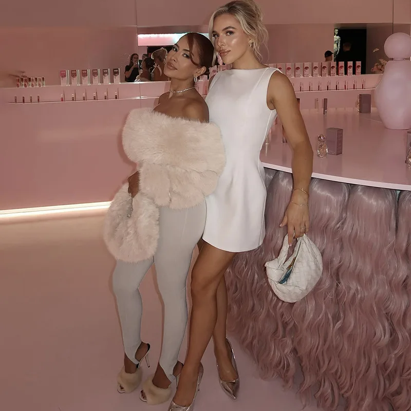 

Faux Fur Patchwork Women Skinny Jumpsuits Trend Luxury Slash Neck Off Shoulder Long Sleeve Booty Lifting Casual Overalls Rompers