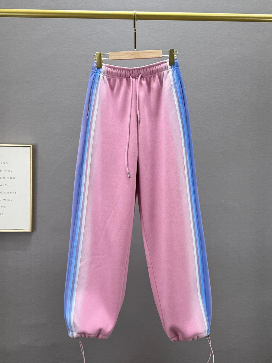 

Женские брюки на флисовой подкладке с манжетами, с высокой талией, длинные, розовые, на резинке, свободного кроя, зимние, новинка, повседневные, спортивные