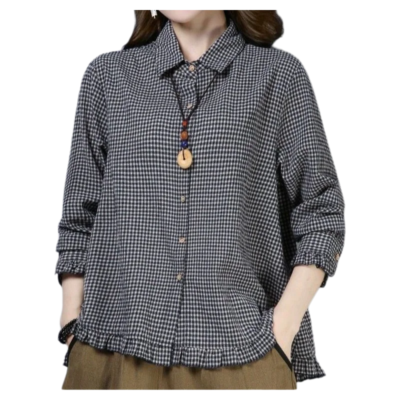 Spring Autumn Plaid Shirt For Women 2025 New Loose Versatile Long Sleeved Top Elegant Ruffle Edge Lapel Single-breasted Jacket