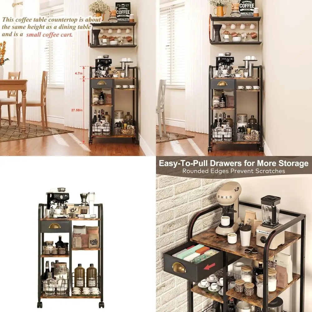 

Mobile Coffee Bar Cabinet with Storage Drawer, 4-Tier Adjustable Stand, Rustic Wooden Station for Home Use