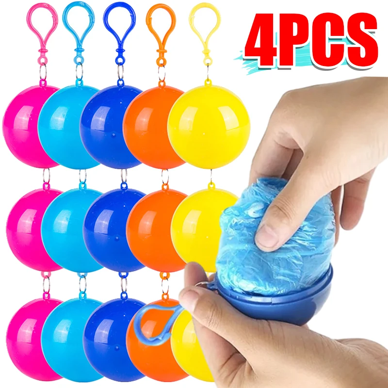 1/4PCS Portable Raincoat Colorful Ball  Rain Poncho with Keychain Waterproof Outdoor Hiking Camping Adults Hooded Keyring Ball