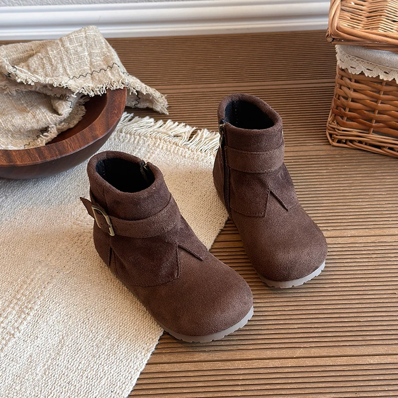 Kids Vintage Buckle Strap Ankle Boots, Toddler Retro Warm Short Boots with Side Zipper, Non-Slip Soft Sole Girls Boots