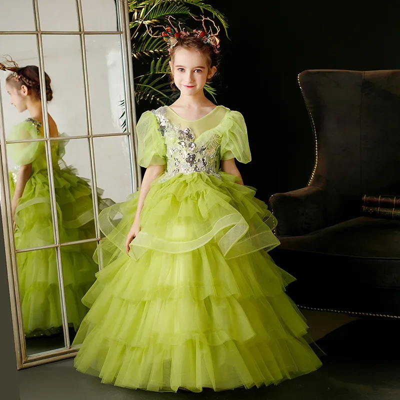 

Green Children's Princess Dress High-end Mori Girls Piano Performance Clothes Foreign Style Model Catwalk Art Robe Enfant Noel