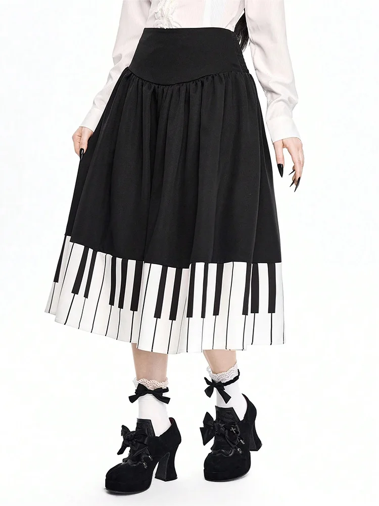 Summer New Sweet Spicy Black White Piano Pleated Skirt High Waist Slim Fit A Line Midi Skirt Vintage Design Skirt for Women view 2