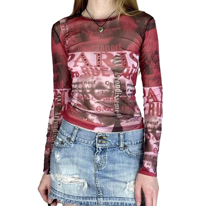 Camisas Mujer Estampado floral Cuello redondo Elegante Manga larga Tops Blusas Ropa calle