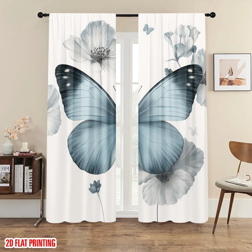 2pc,2D plane printing Light Filtering Curtains Blue Butterfly Bliss Durable Polyester (without rod) Holiday for Bedroom Office