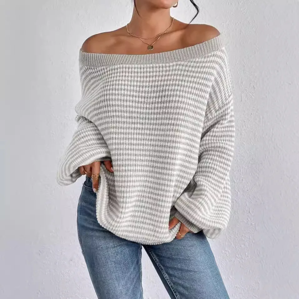 Nowy sweter damski z odkrytymi ramionami, rękawami typu nietoperz i dzianinowy top w paski z blokami kolorów, luźny sweter oversize, swobodna bluzka w stylu boho chic.