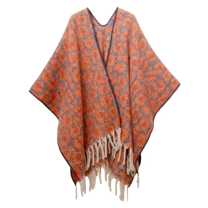 

Осеннее и зимнее пончо, пряжа с петлями, искусственная шерсть, утолщенный жаккардовый леопардовый принт, шаль с кисточками и крестиком, дорожная накидка, плащ