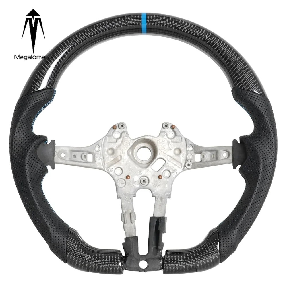 Real Carbon Fiber Perforated Leather Steering Wheel For BMW 14-17 M5 F10 F12 F13 F30 F06 F07 Blue Positioning Line