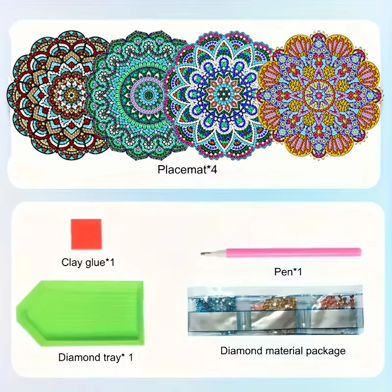 4-Piece Colorful Pattern Wooden Diamond Painted Placemat Set, DIY Crystal Diamond Art Insulated Table Mat, Mosaic Making Crafts,
