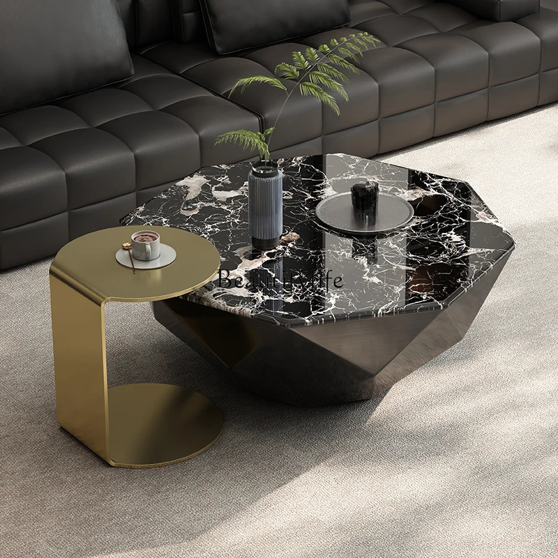 Mesa de centro de alta gama con forma especial para sala de estar, hogar, luz de lujo, negro, moderno, simple, de acero inoxidable