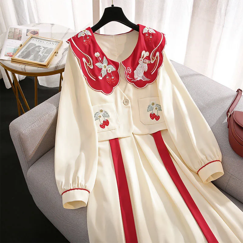 

Women Hanfu Set Chinese Vintage Cheongsam Han Costume Long Sleeve Dress Strawberry Embroidery Qipao Autumn Vest and Dress