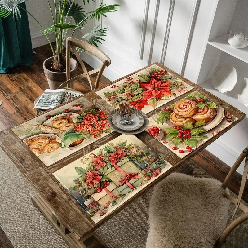 Red Christmas Placemats 30x45cm Set of 4,Seasonal Winter Christmas Table Mats for Party Kitchen Dining Decoration