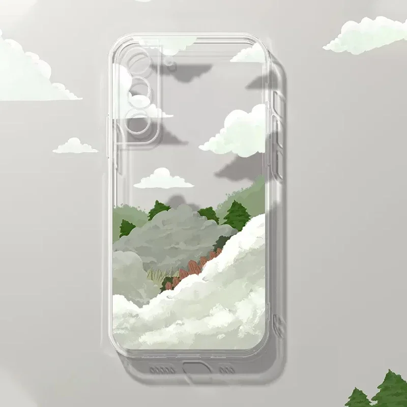 Mountain Clouds Pattern Phone Case for Samsung S23 Ultra S22 S 21 S24 Plus S20 FE Cartoon Scenery Hand Painted Soft Clear Covers