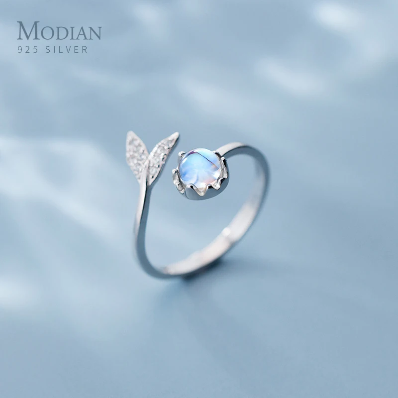 

MODIAN 925 Sterling Silver Fashion Colorful Crystal Cute Mermaid Tail Open Adjustable Finger Rings For Women Fine Jewelry