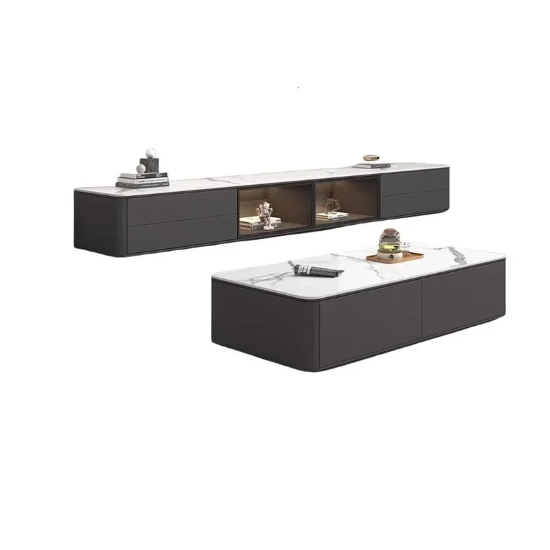 Simple and modern solid wood, floor-to-ceiling light luxury, small apartment coffee table combination, living room home TV