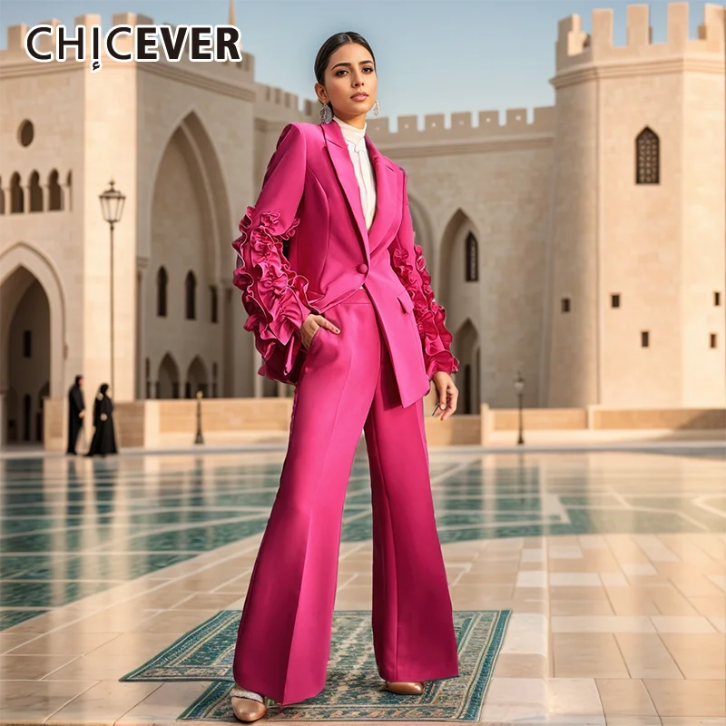 CHICEVER Elegant Two Piece Sets For Women Notched Collar Long Sleeve Patchwork Fungus Blazers High Waist Solid Pant Sets Female