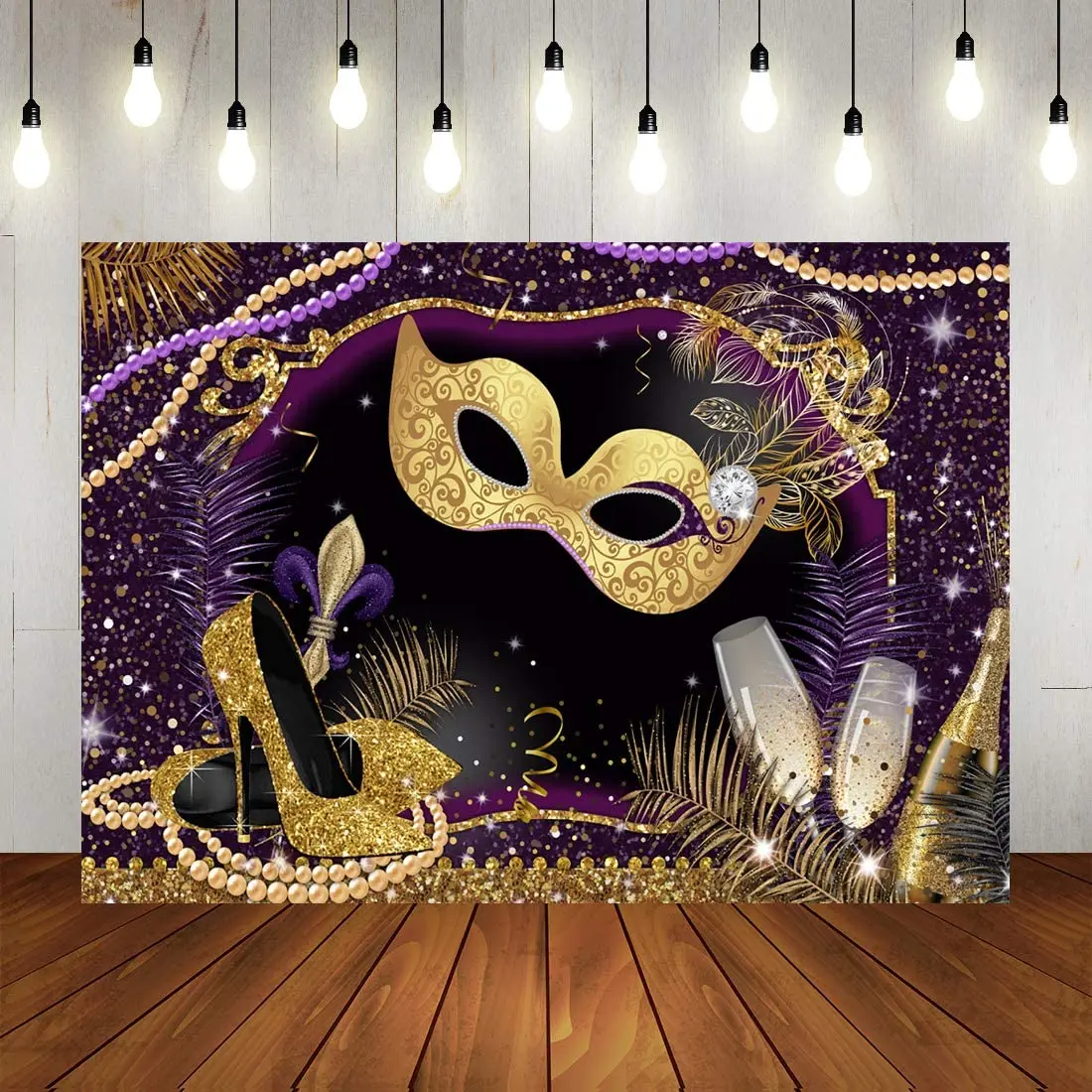 

Photography Backdrop Masquerade Luxurious Purple Mask Carnival Background Glitter High Heel Glasses Magic Wand Birthday Party