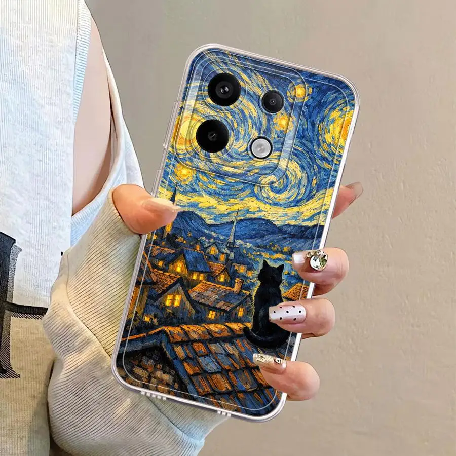 Case for Xiaomi Redmi Note 14 Pro Plus 11 9 10 A4 11S 13C 12S 10S Note 13 14C 12 Soft Phone Cover Van Gogh Starry Night Cat view 6