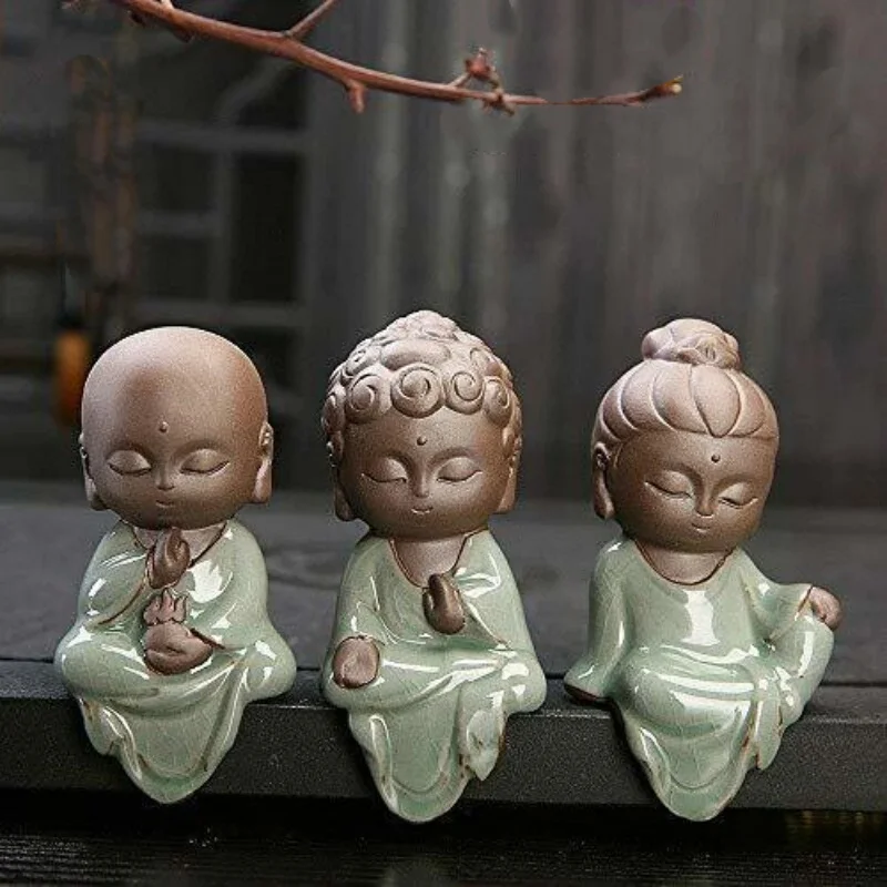 3pcs Creative Little Monk Buddha Statue Boutique Purple Sand Tea Pet Home
