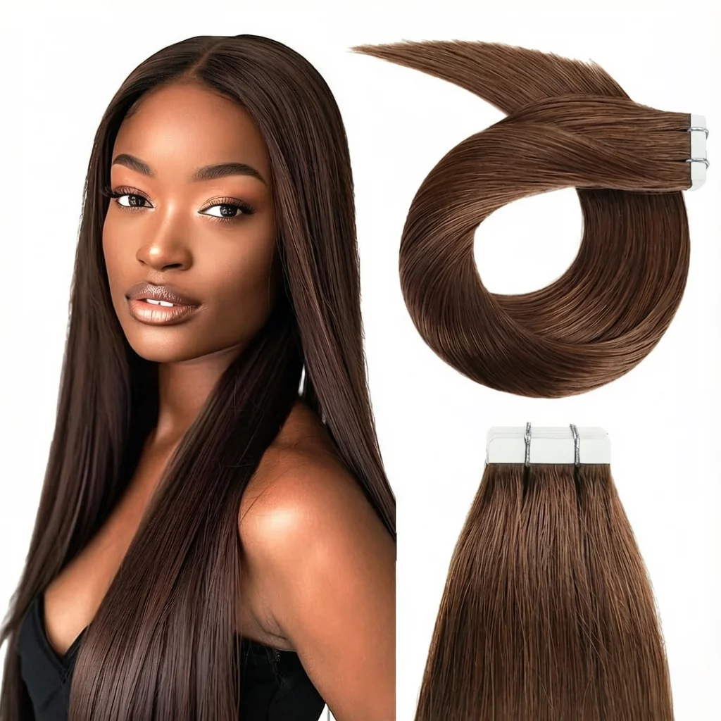 テープ式ヘアエクステ-20枚-50g-ストレート人毛テープ式ヘアエクステ-6つの栗色の人毛エクステ