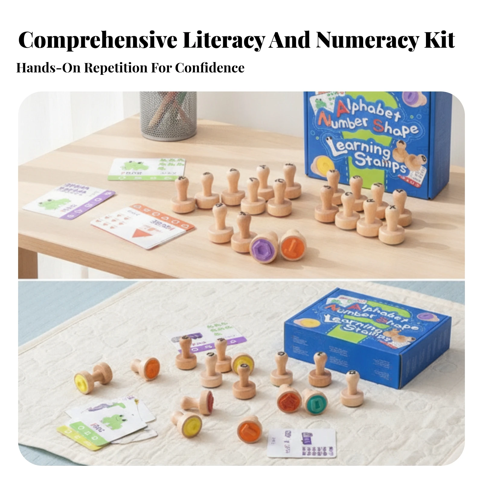 アルファベットと数字のスタンプセット。幼児向けの木製スタンプとアクティビティカードがセットになった、幼児向けの木製スタンプセット。