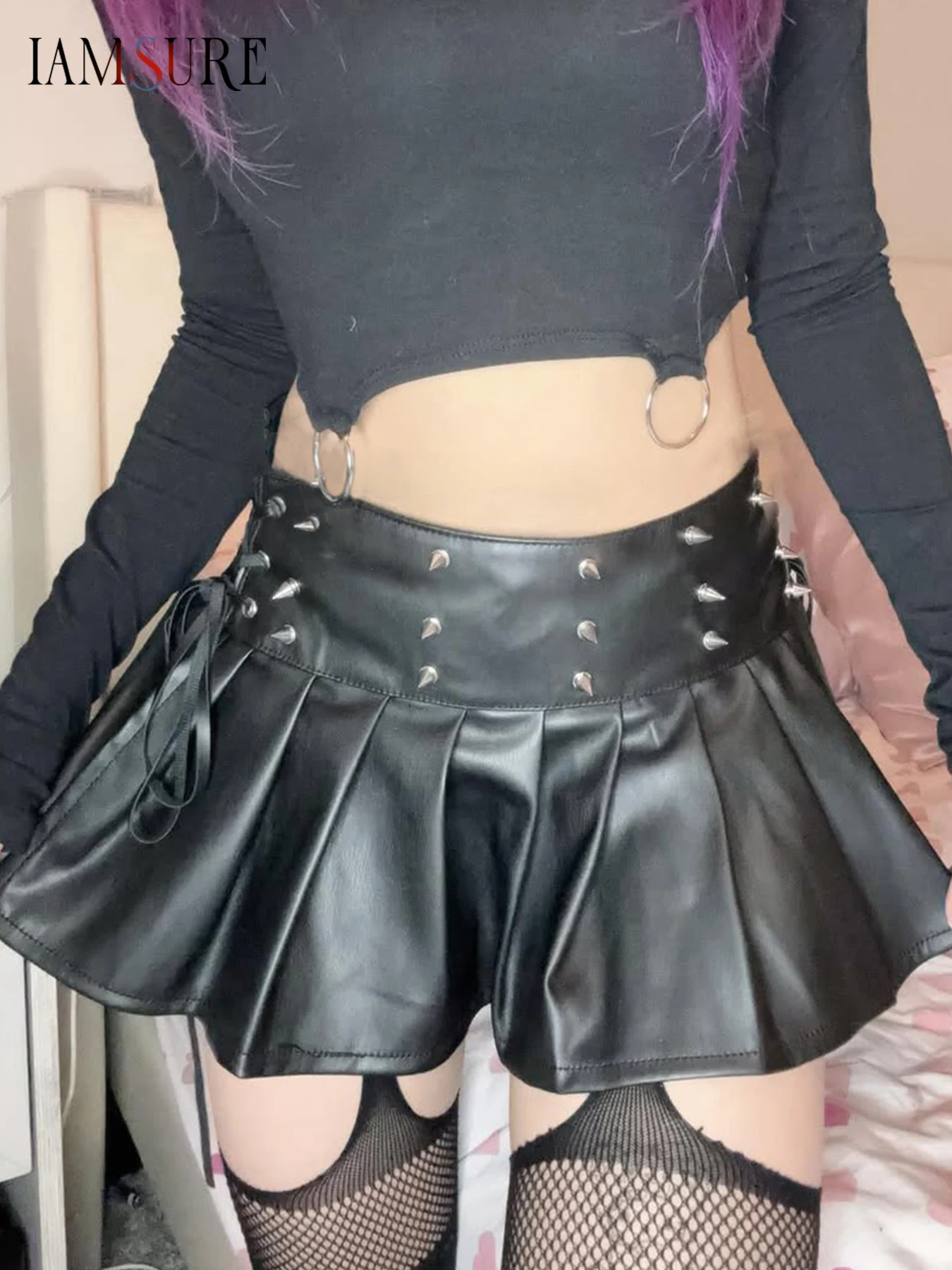 

IAMSURE Punk Style Rivet Pu Leather A-Line Skirts Dark Solid Mid-Waisted Mini Skirts Women 2025 Summer Fashion Streetwear Lady