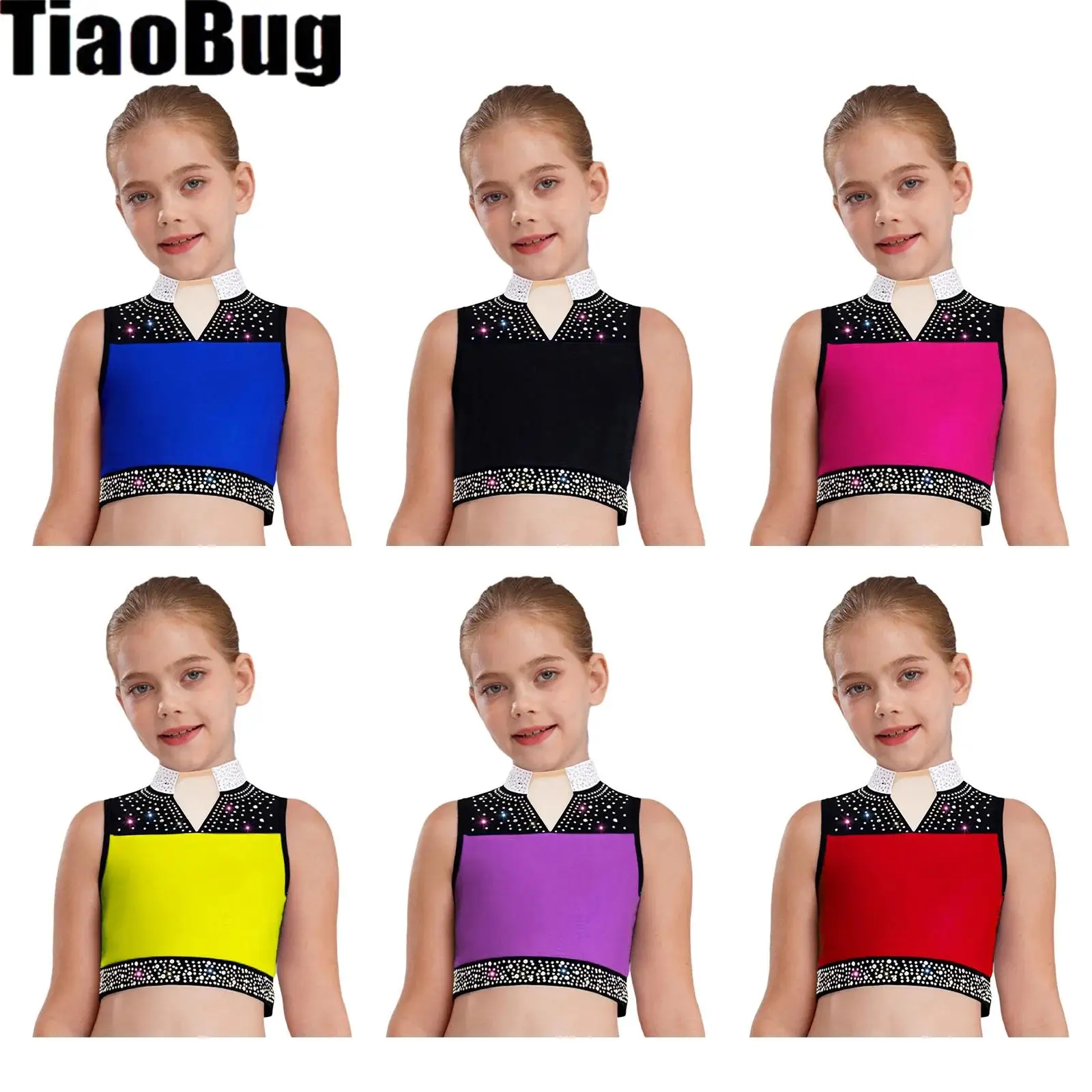 

Teen Girls Gymnastics Dance Crop Top Mock Neck Sleeveless Glitter Rhinestones Tops Figure Skating Ballet Performance Dancewear