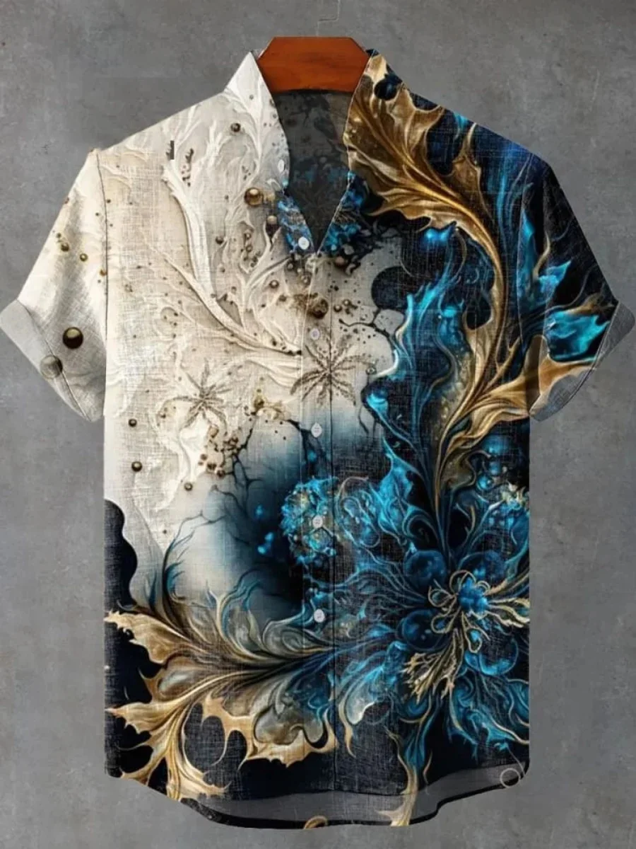 Men's Summer Short Sleeve Shirt Digital Print Linen Shirt Ocean Wave Octopus Pattern Casual Everyday Top