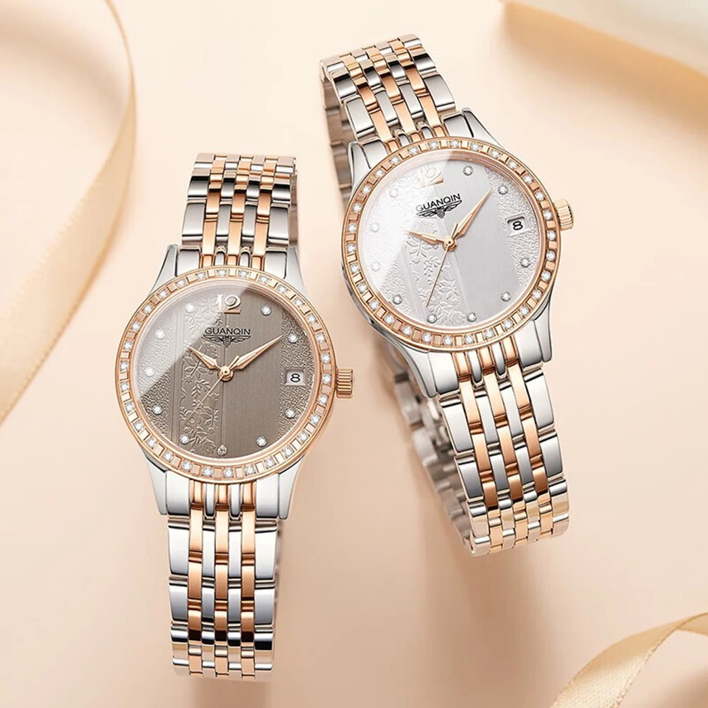 GUANQIN Waterproof Watch With Rhinestones Calendar Dial Stainless Steel Strap Fashion Simple Women Automatic Mechanical Watches