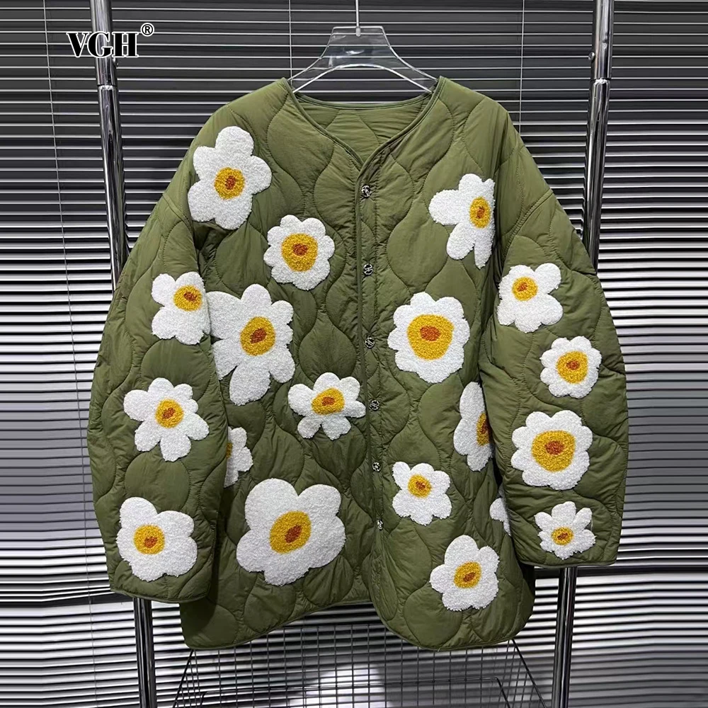 VGH-abrigo acolchado con diseño de flores y bordado para mujer, chaqueta holgada de manga larga con cuello de pico y una botonadura, invierno