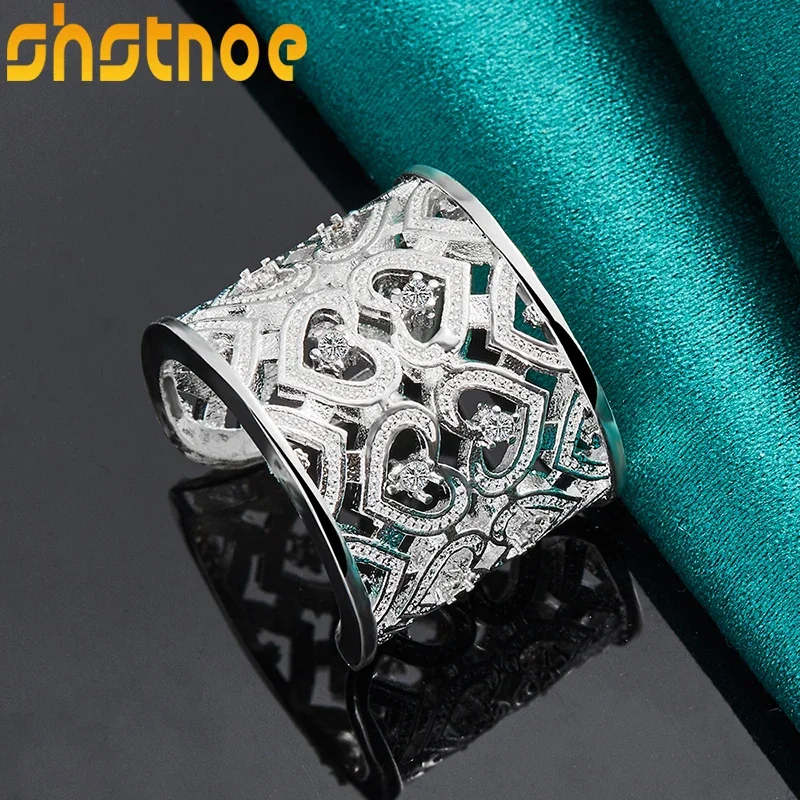 Shstone 925 anel de prata esterlina clássico zircão oco coração aberto anéis para festa feminina jantar casamento moda jóias