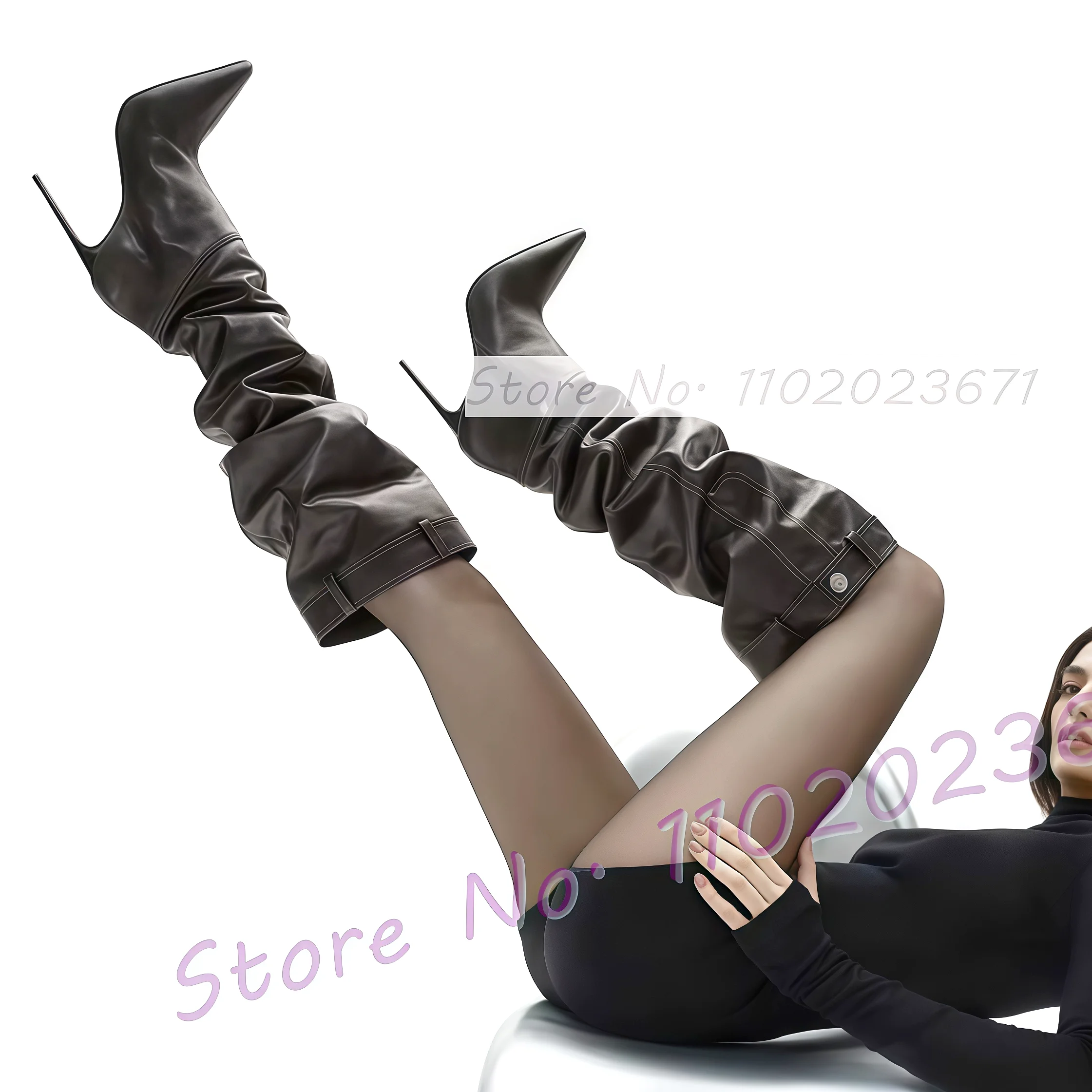 

Grey Pointed Toe Pleated Knee Boots With Button Details Women Sexy Stiletto High Heels Shoes Ladies Trendy Splicing Modern Boots