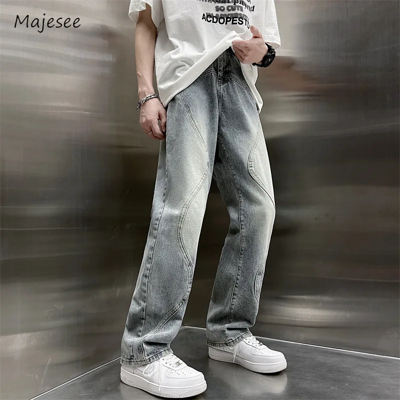 Gradient Color Jeans Men Autumn Hip Hop American Style Straight Chic Daily College Vibe Streetwear Washed Leisure Cozy Retro