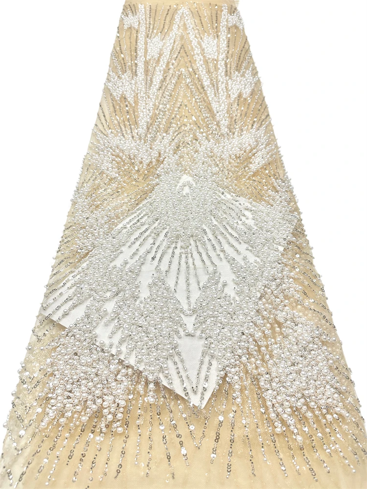 ​2026 5Yards African Handmade Beaded Lace Fabric  France Sequins Nigerian Embroidery Bridal Mesh for Sewing