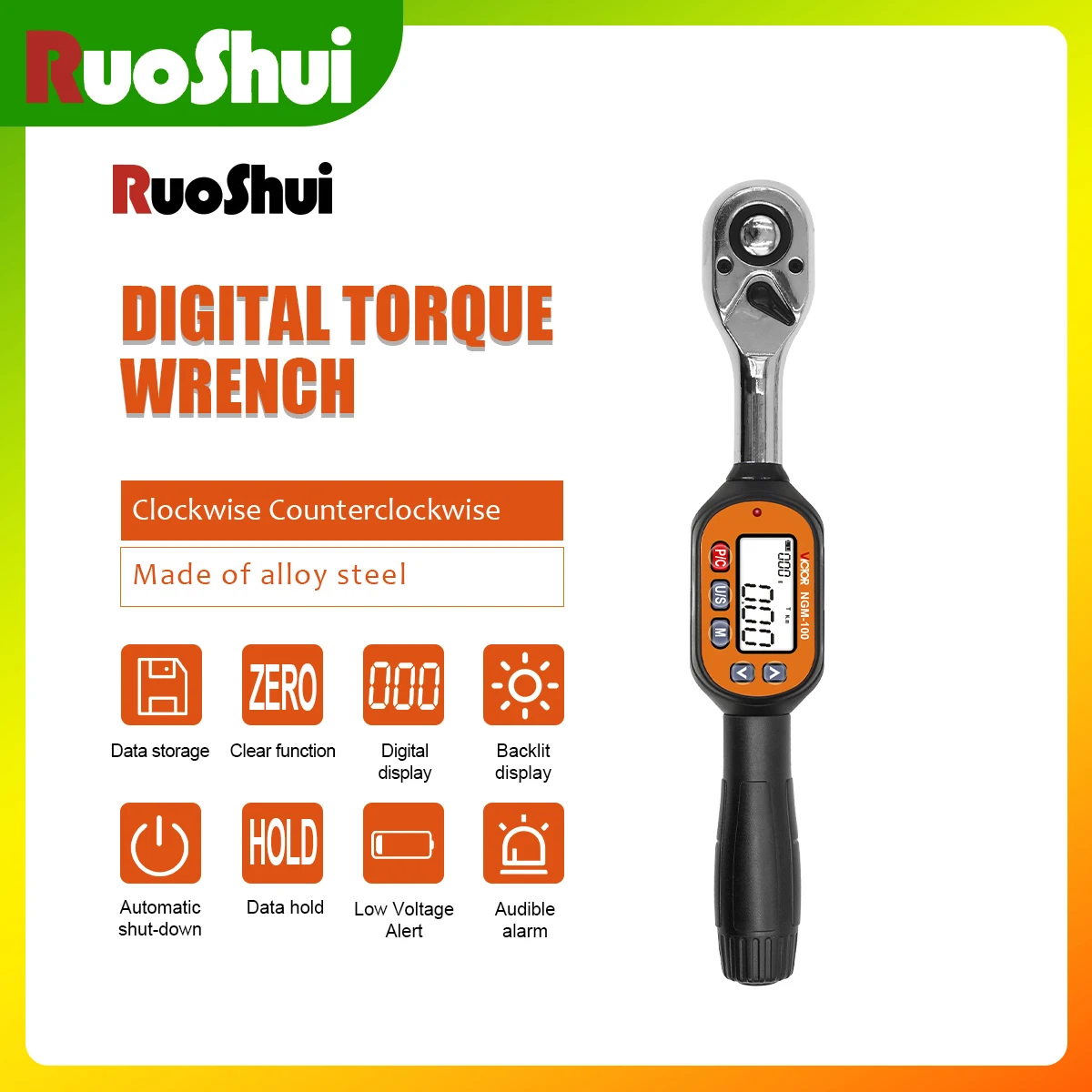 RuoShui Fabricante NGM-100 Probador de llave dinamométrica digital 1/2 pulgada 285 mm Alcance de longitud 100N.m/73.7lbf.ft/885.0lbf.in/1019.7kgf.cm