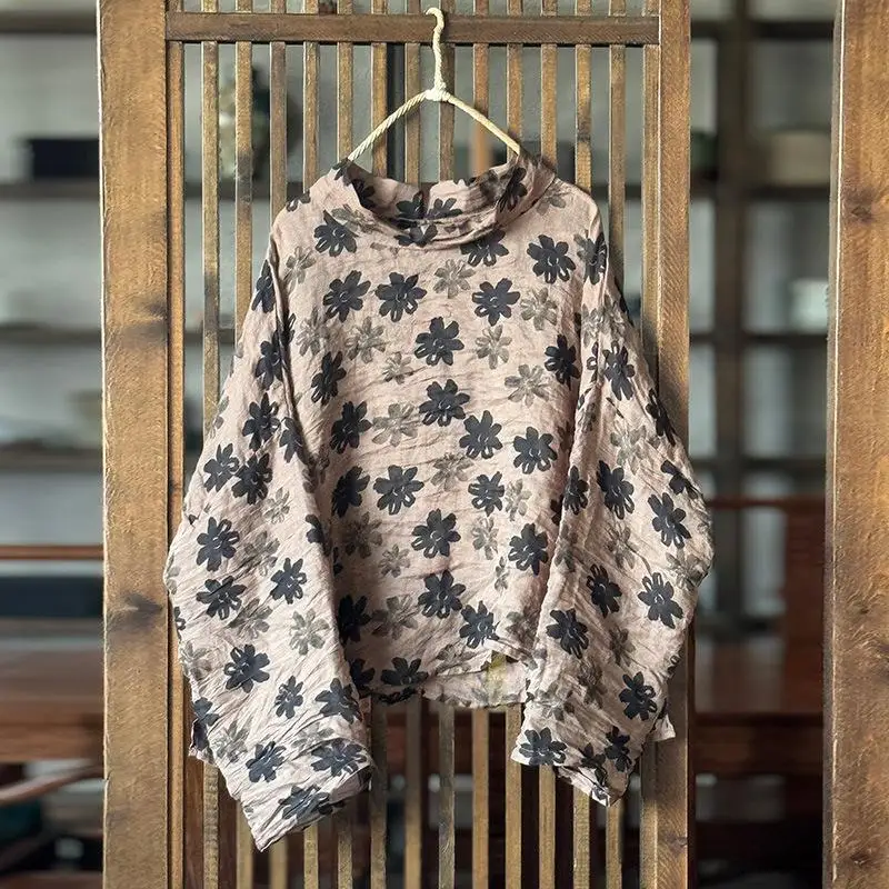 

Новая весенняя женская короткая свободная футболка в стиле искусства с длинным рукавом, винтажная хлопковая льняная водолазка с цветочным принтом, футболка Femme Tops