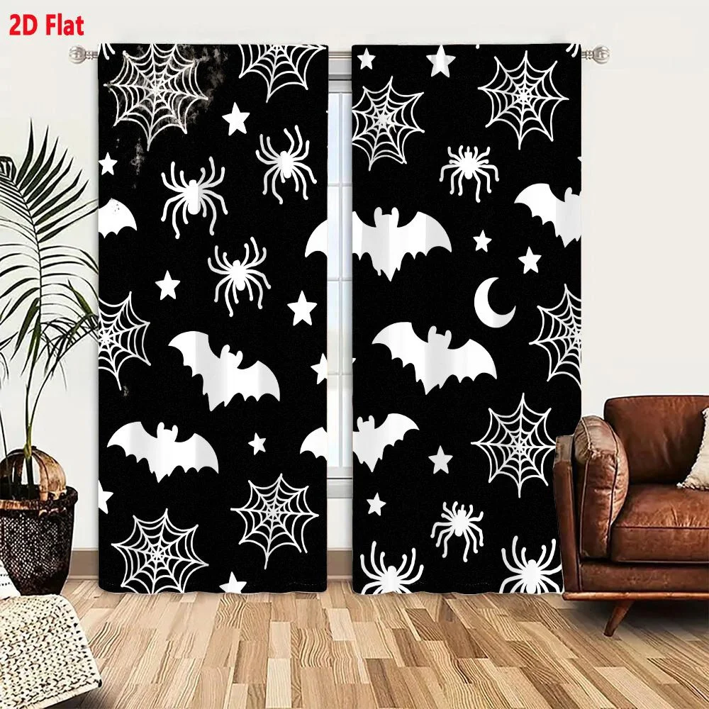2Pcs Curtains 2D Flat Halloween Spooky Pattern With White Spiders Spider Webs Bats Stars And Crescent Moon On Black Background R