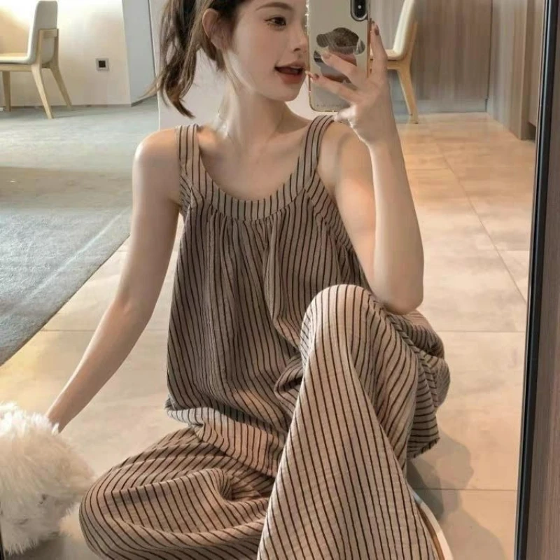 Suspender Pajamas Women's Summer Trousers Korean Version Temperament Simple Casual Striped Cloud Cotton Loungewear Two-piece Set