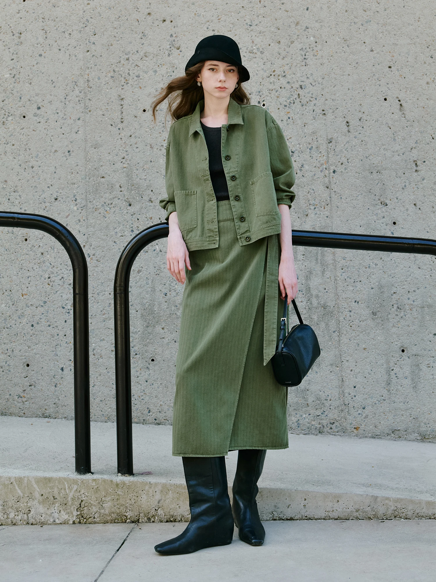 

American Retro Waed Cotton Gingham Pattern Coat Belted High Waist Skirt Two-Piece Set ort Length Jaet Collared Sle