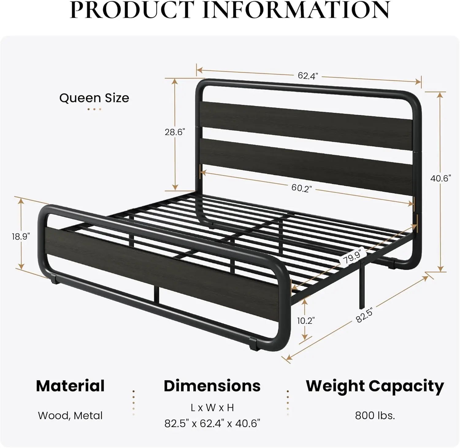 Queen Size Metal Bed Frame with Wooden Headboard , Heavy Duty Oval-Shaped Platform Bed with Under-Bed St