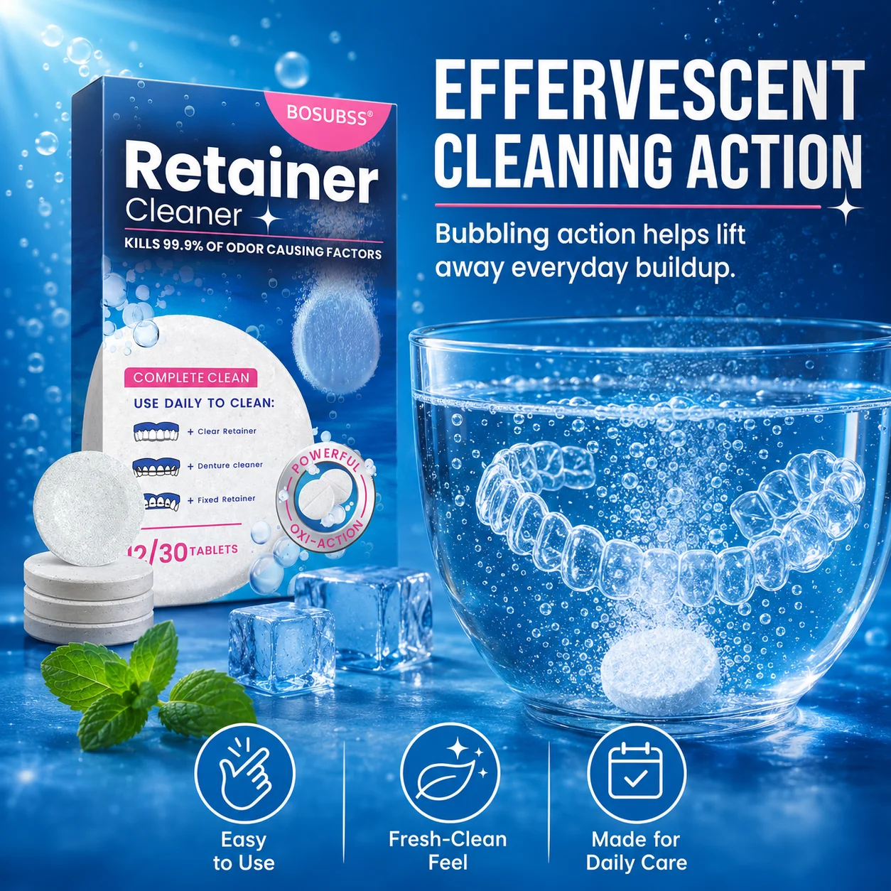 BOSUBSS Retainer Cleaner Tablets, Effective Denture Cleaning Tablets Kill Odor-Causing Factors for Aligner Retainer Denture