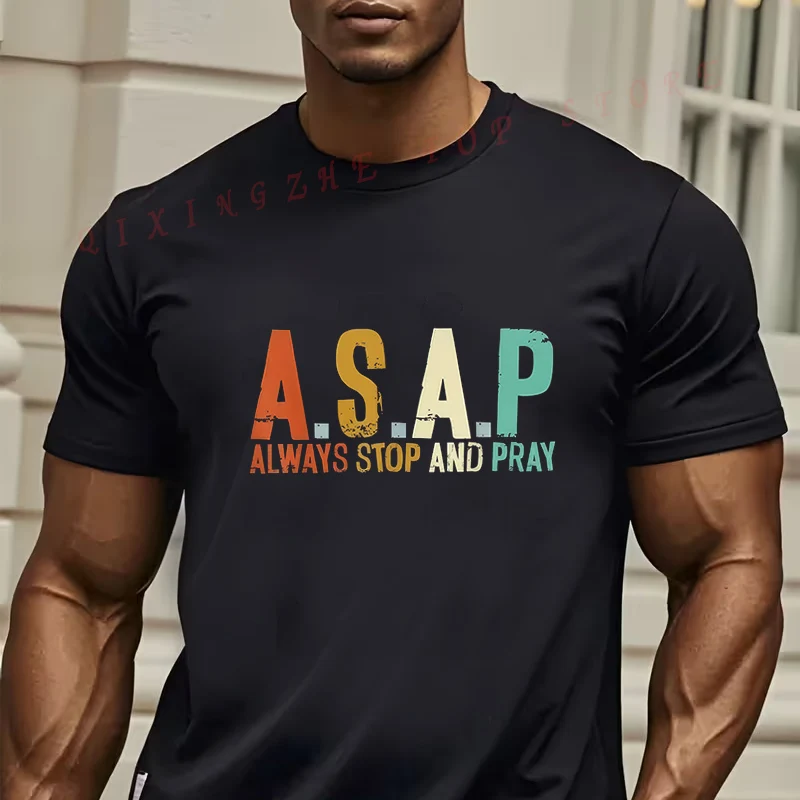 

Men's Christian Always Stop And Pray T-Shirt - Religious Prayer Shirt With Prayer Hands & Verse Design O-neck Casual Top
