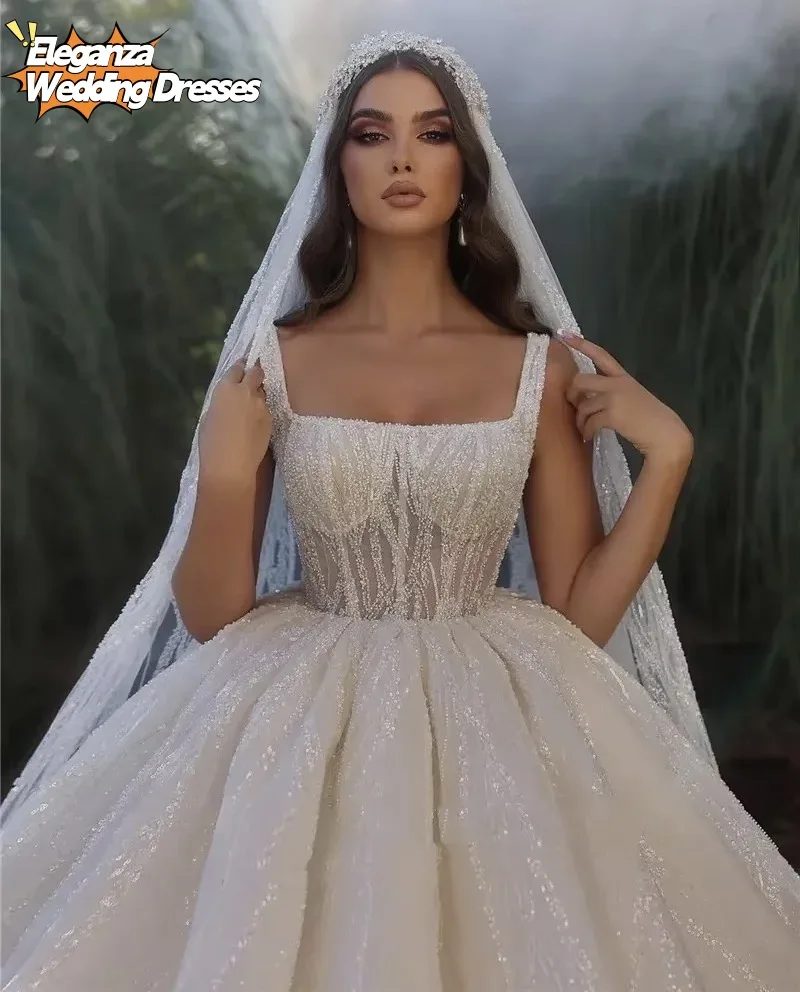 Customized  Square Collar Ball Gown Wedding Dresses Glitter Lace Beading Pearls Princess Bride Dress vestidos de novia 2025