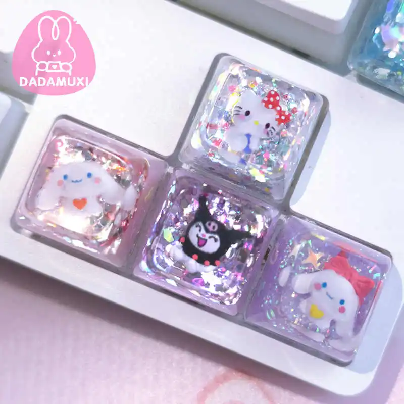 4pcs Cute Sanrioed Kuromi My Melody Hellokitty Cinnamoroll Keycap Drip Resin DIY Customized Mechanical Keyboard Keycap Gift