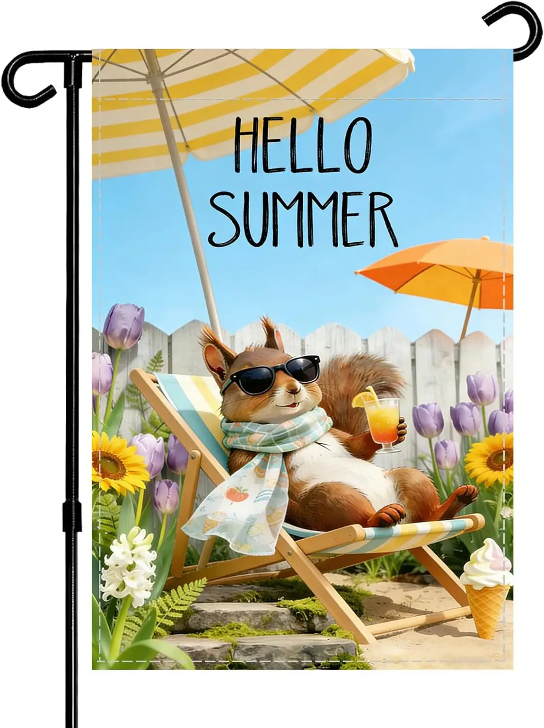 Nebuluxe Garden Flag, Summer Squirrel with Sunglasses Design, Burlap, Double Sided, 12 x 18 Inches, Multicolor, Outdoor Deco jjp