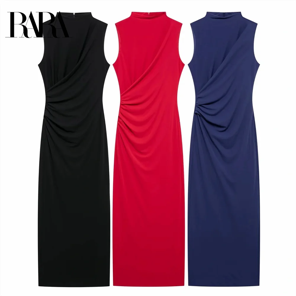 

New autumn and winter women's standing collar sleeveless pleated decoration slit slim fit long skirt Midi dress